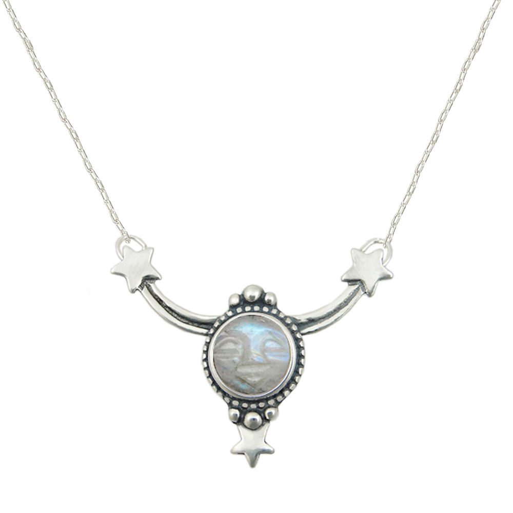 Sterling Silver Carved Rainbow Moonstone Moonface Accents this Necklace